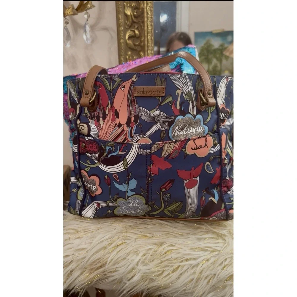 Sakroots Women's Peace Satchel Handbag Blue Multi Floral Birds And Makeup Bag
